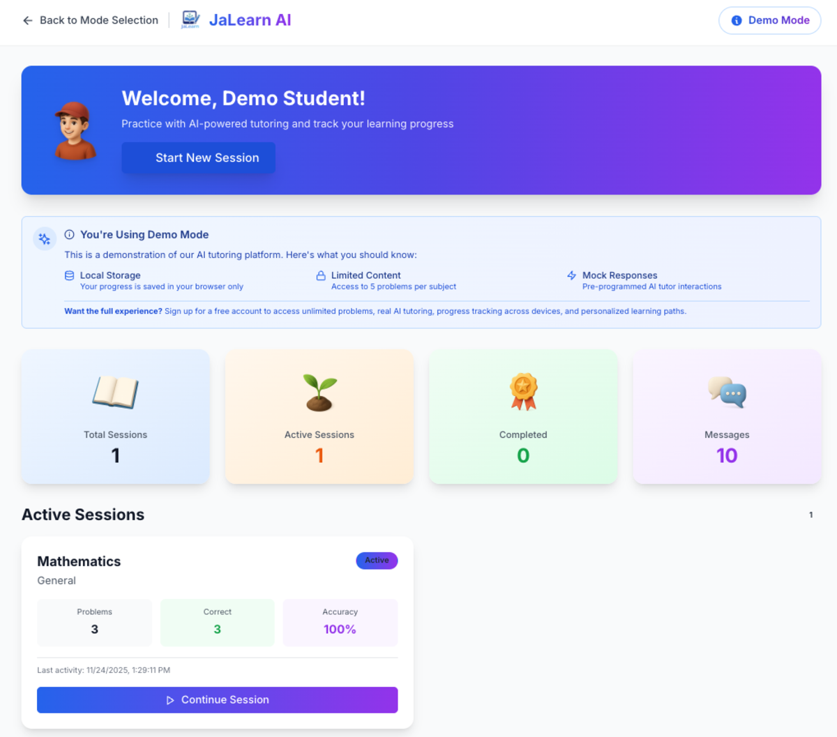 JaLearn AI Student Dashboard showing AI chat interface with Thai curriculum problems